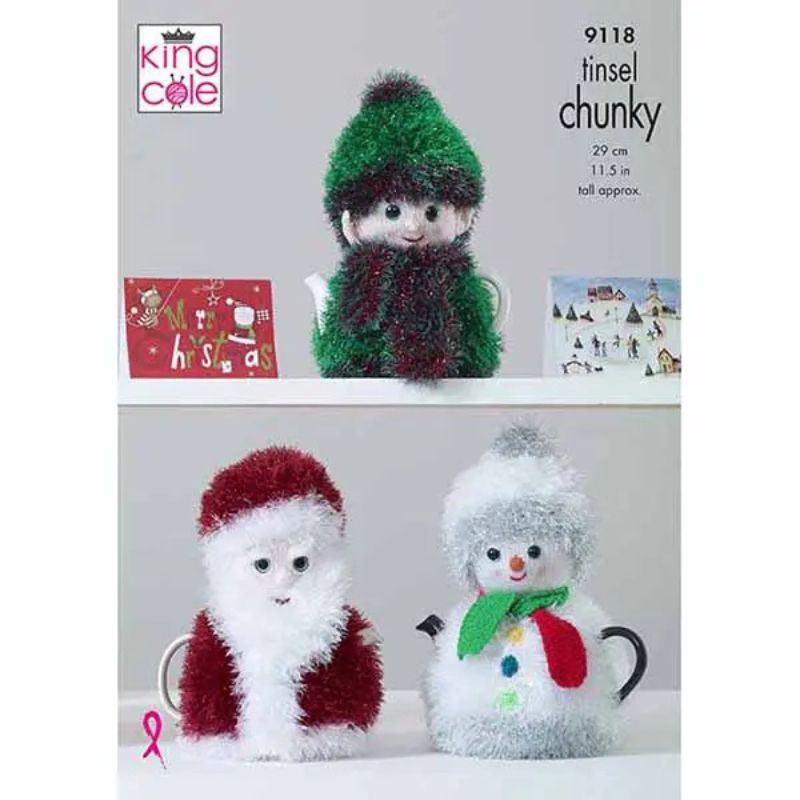 King Cole Christmas Tea Cosies Knitted in Tinsel Chunky & Dollymix DK