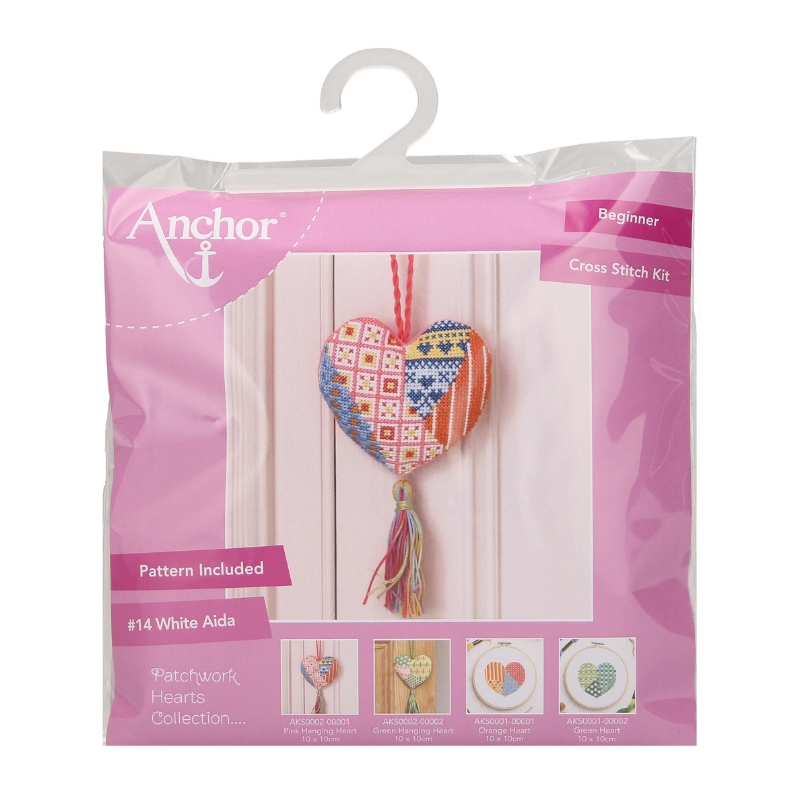 Counted Cross Stitch Kit Patchwork Hearts Hanging Decoration - Pink