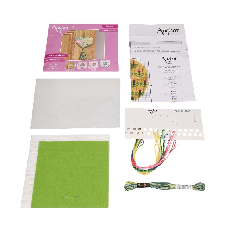 Counted Cross Stitch Kit Patchwork Hearts Hanging Decoration - Green