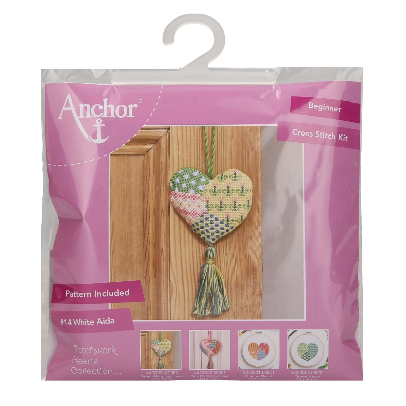 Counted Cross Stitch Kit Patchwork Hearts Hanging Decoration - Green