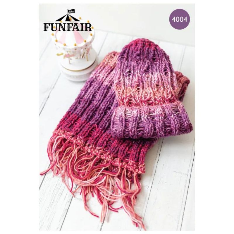 Emu Yarns Hat and Fringed Scarf Set in Emu Funfair Swirl DK (4004)